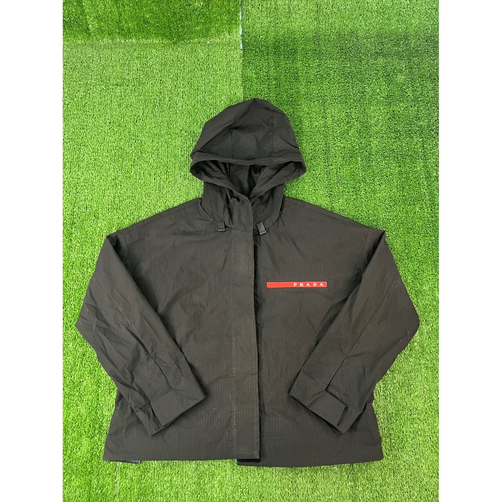 Prada Linea Rossa Black Ripstop Hooded Windbreaker Jacket Women S Red Logo
